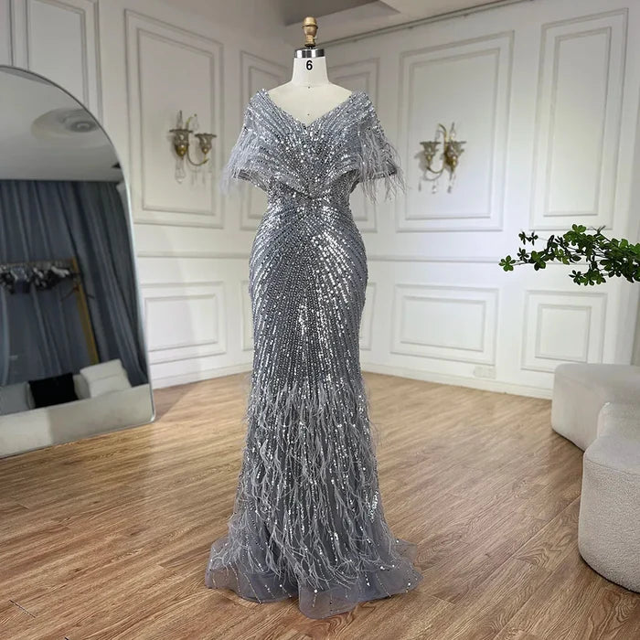 Luxury Arabic Red Mermaid Evening Dress with Feathers Beaded LA71323A - SERENE HILL
