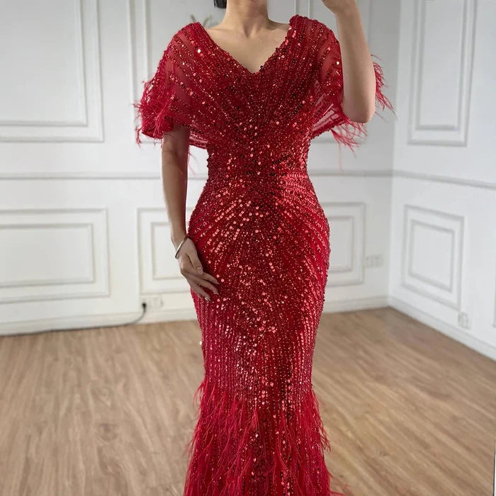 Luxury Arabic Red Mermaid Evening Dress with Feathers Beaded LA71323A - SERENE HILL