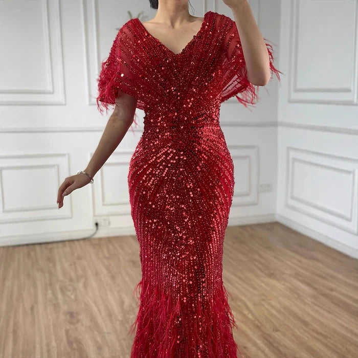 Luxury Arabic Red Mermaid Evening Dress with Feathers Beaded LA71323A - SERENE HILL