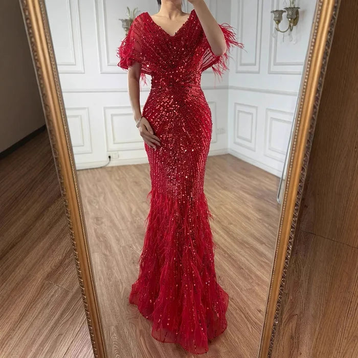 Luxury Arabic Red Mermaid Evening Dress with Feathers Beaded LA71323A - SERENE HILL