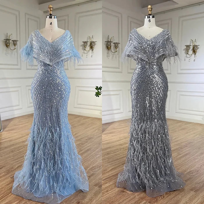 Luxury Arabic Red Mermaid Evening Dress with Feathers Beaded LA71323A - SERENE HILL