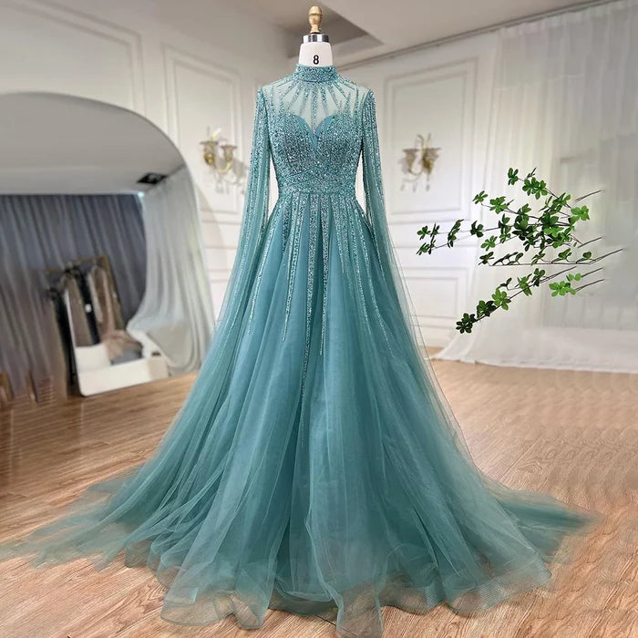 Luxury Arabic Turquoise A-Line Beaded Evening Dress with Cape LA72199 - SERENE HILL