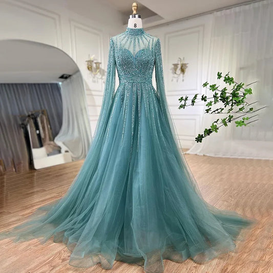 Luxury Arabic Turquoise A-Line Beaded Evening Dress with Cape LA72199 - SERENE HILL