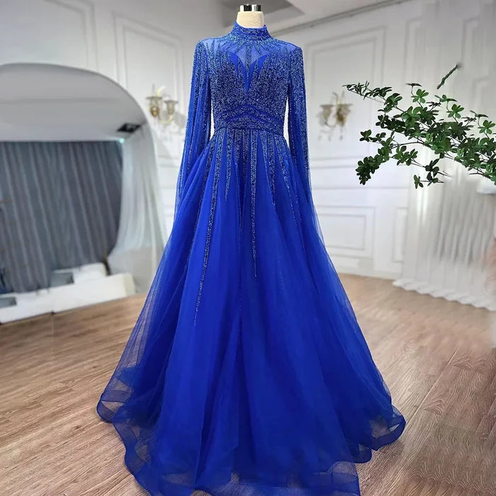 Luxury Arabic Turquoise A-Line Beaded Evening Dress with Cape LA72199 - SERENE HILL