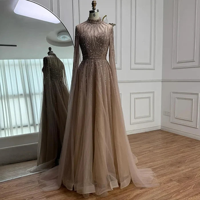 Luxury Arabic Turquoise A-Line Beaded Evening Dress with Cape LA72199 - SERENE HILL