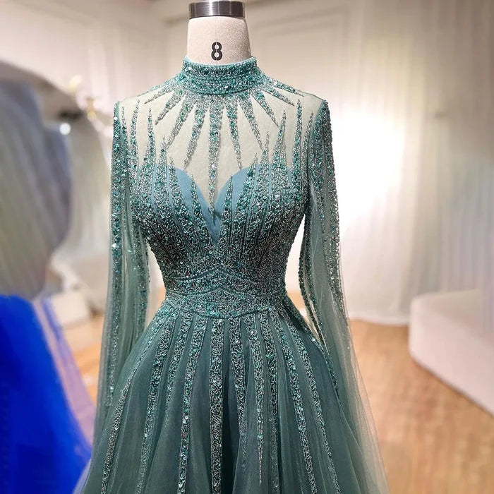 Luxury Arabic Turquoise A-Line Beaded Evening Dress with Cape LA72199 - SERENE HILL