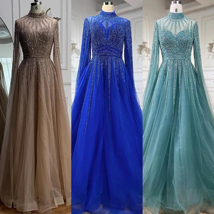 Luxury Arabic Turquoise A-Line Beaded Evening Dress with Cape LA72199 - SERENE HILL
