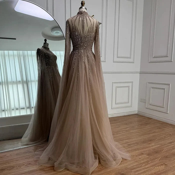 Luxury Arabic Turquoise A-Line Beaded Evening Dress with Cape LA72199 - SERENE HILL