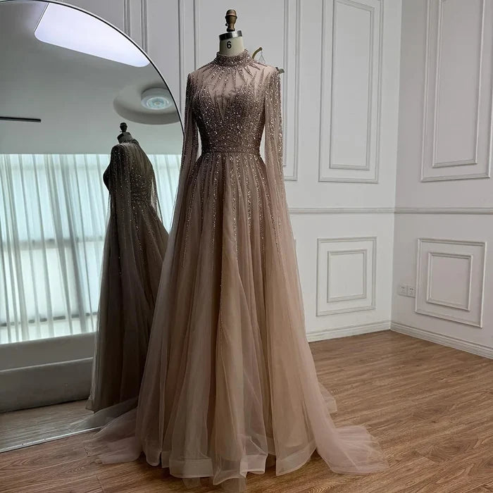 Luxury Arabic Turquoise A-Line Beaded Evening Dress with Cape LA72199 - SERENE HILL