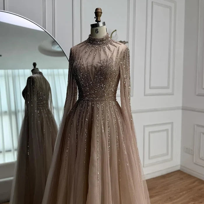 Luxury Arabic Turquoise A-Line Beaded Evening Dress with Cape LA72199 - SERENE HILL
