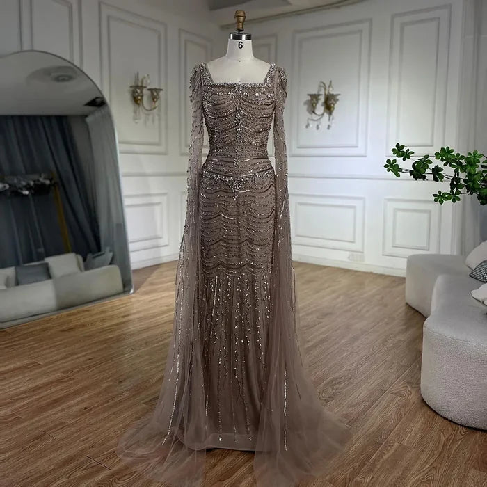 Luxury Beaded Caramel Evening Dress with Cape Sleeve LA72604 - SERENE HILL