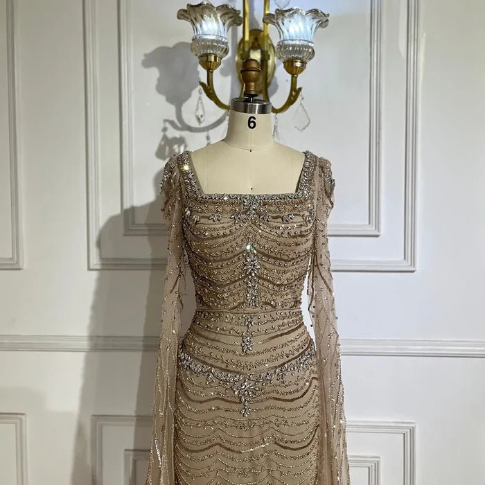 Luxury Beaded Caramel Evening Dress with Cape Sleeve LA72604 - SERENE HILL