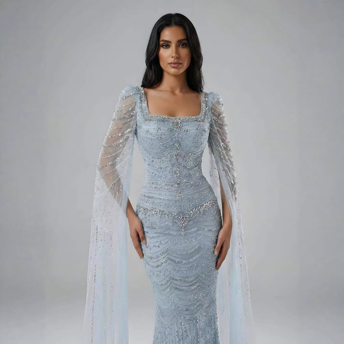Luxury Beaded Caramel Evening Dress with Cape Sleeve LA72604