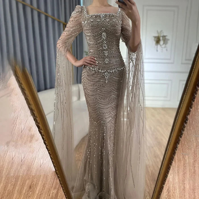 Luxury Beaded Caramel Evening Dress with Cape Sleeve LA72604 - SERENE HILL