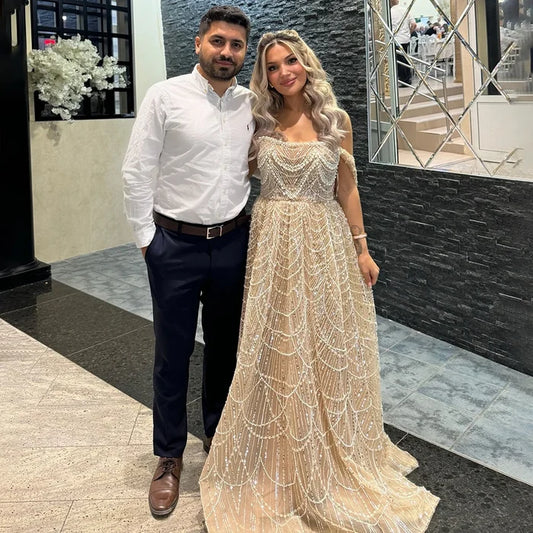 Luxury Beaded Champagne Off-Shoulder Evening Dress LA72738 - SERENE HILL