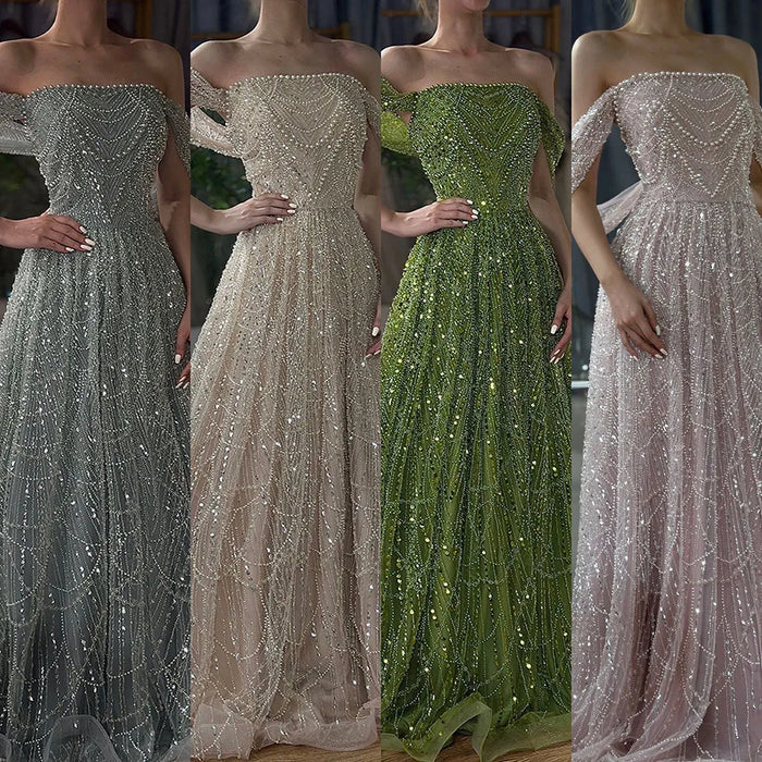 Luxury Beaded Champagne Off-Shoulder Evening Dress LA72738 - SERENE HILL