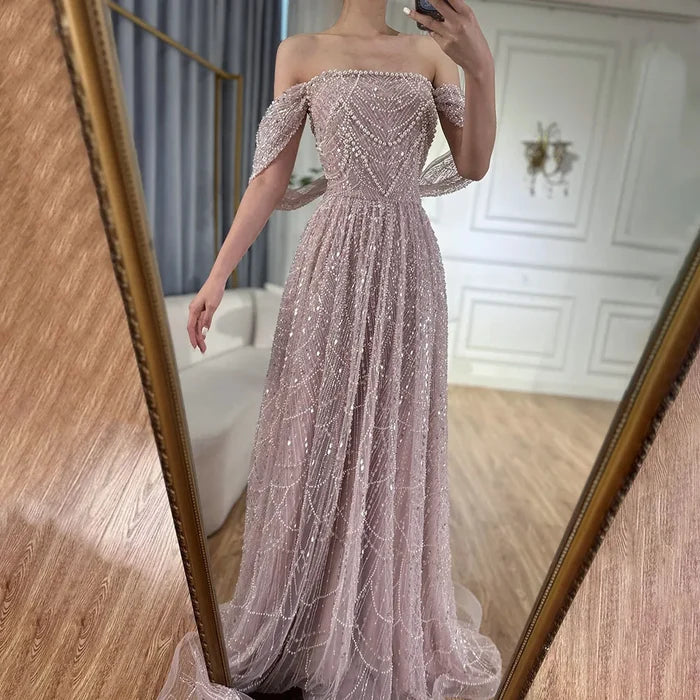 Luxury Beaded Champagne Off-Shoulder Evening Dress LA72738 - SERENE HILL