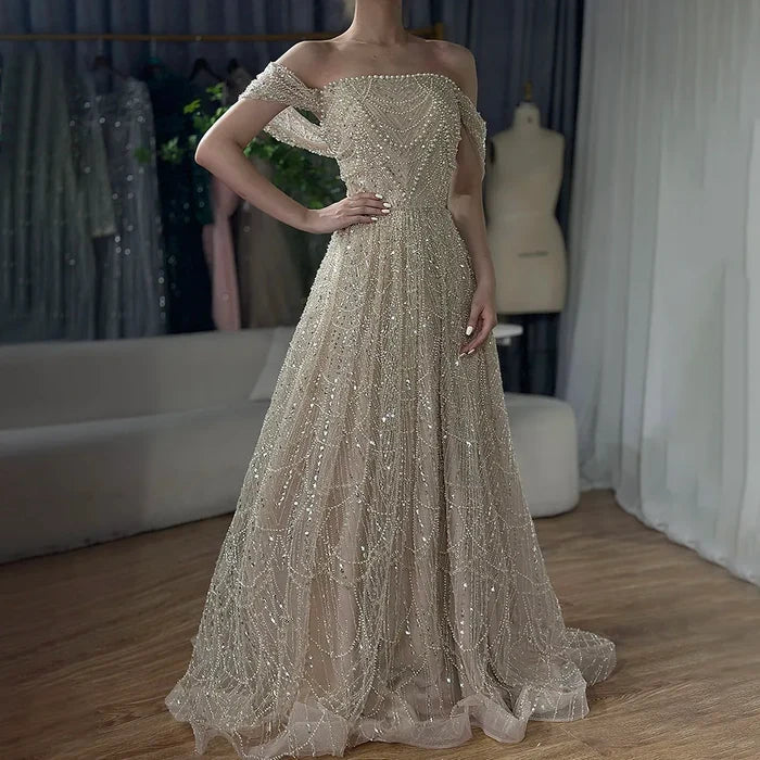 Luxury Beaded Champagne Off-Shoulder Evening Dress LA72738 - SERENE HILL