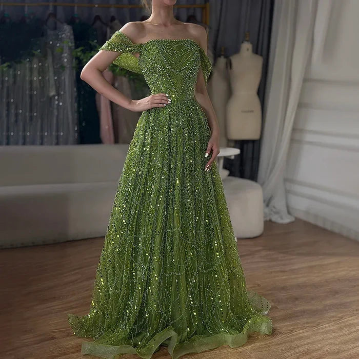 Luxury Beaded Champagne Off-Shoulder Evening Dress LA72738 - SERENE HILL