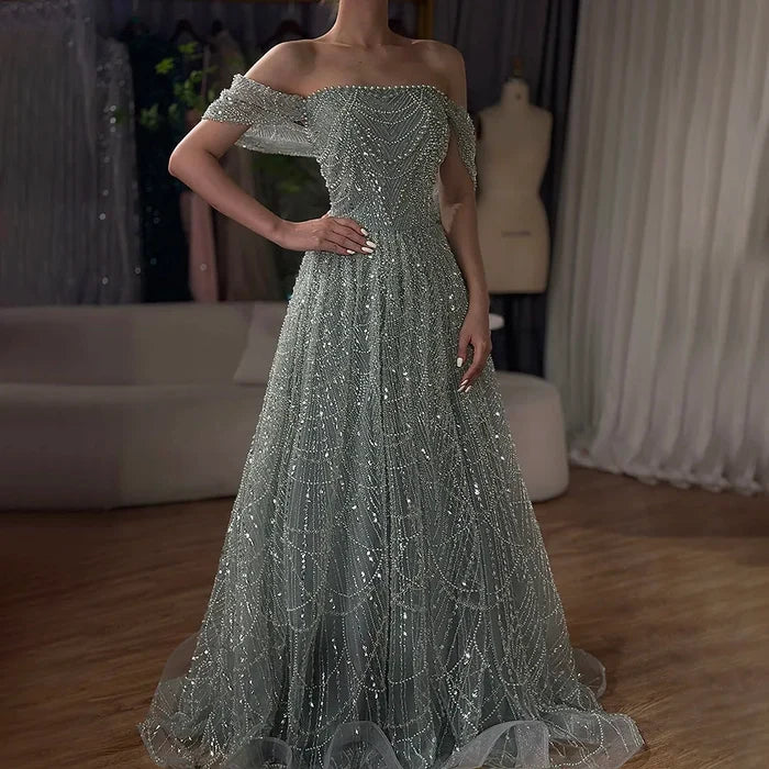Luxury Beaded Champagne Off-Shoulder Evening Dress LA72738 - SERENE HILL