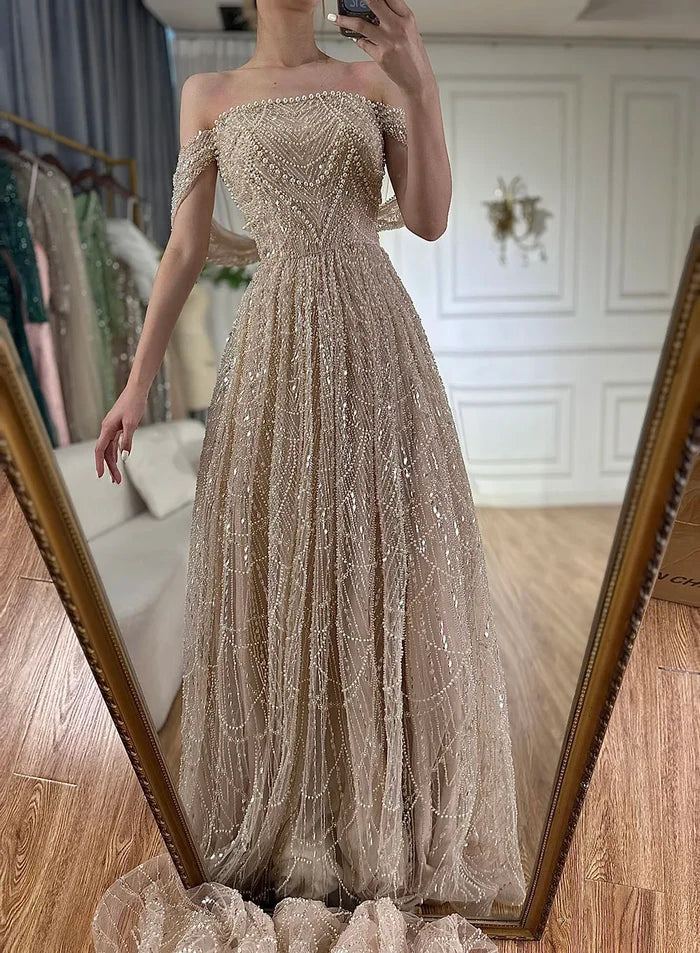 Luxury Beaded Champagne Off-Shoulder Evening Dress LA72738 - SERENE HILL
