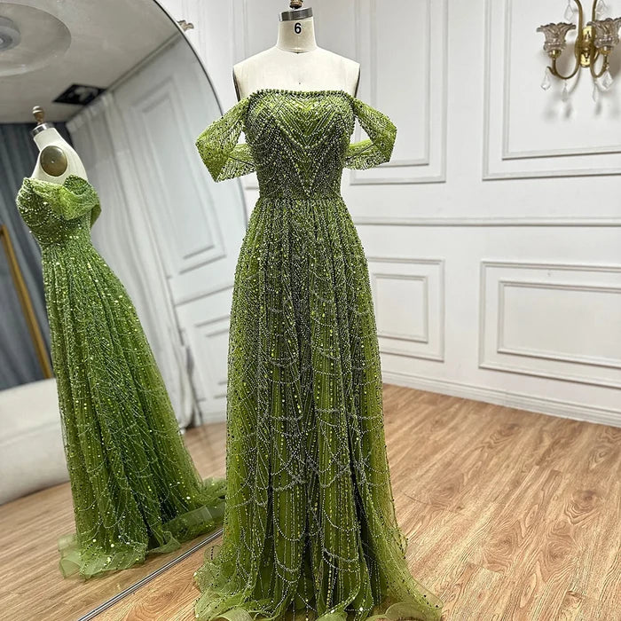 Luxury Beaded Champagne Off-Shoulder Evening Dress LA72738 - SERENE HILL