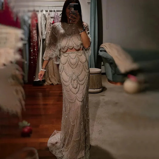 Luxury Beaded Nude Two Pieces Evening Dress LA72462 - SERENE HILL