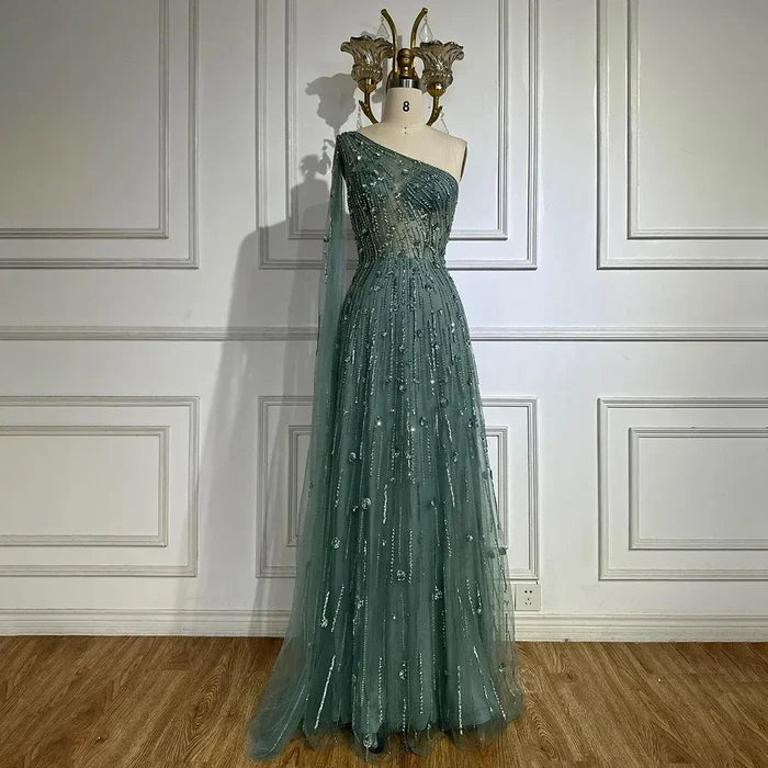 Luxury Beaded Turquoise One Shoulder Evening Dresses with Cape Sleeves LA72503 - SERENE HILL