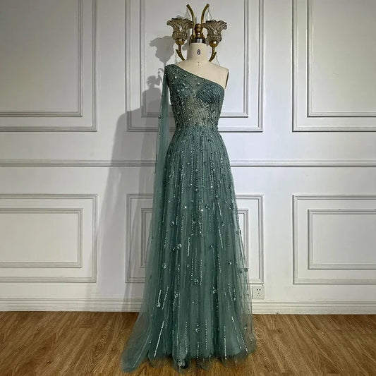 Luxury Beaded Turquoise One Shoulder Evening Dresses with Cape Sleeves LA72503 - SERENE HILL