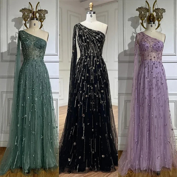 Luxury Beaded Turquoise One Shoulder Evening Dresses with Cape Sleeves LA72503 - SERENE HILL