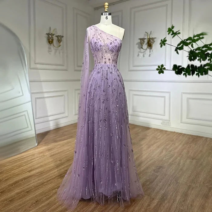 Luxury Beaded Turquoise One Shoulder Evening Dresses with Cape Sleeves LA72503 - SERENE HILL