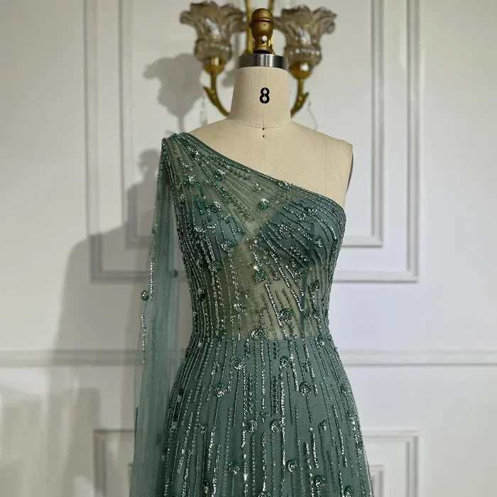 Luxury Beaded Turquoise One Shoulder Evening Dresses with Cape Sleeves LA72503 - SERENE HILL