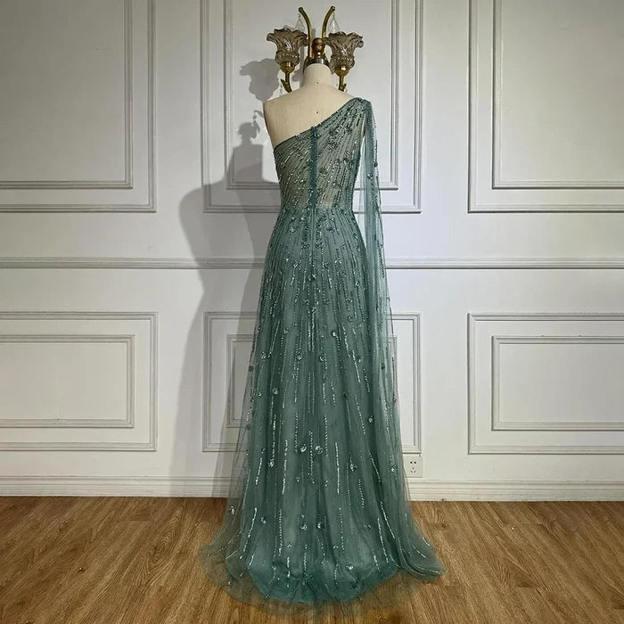 Luxury Beaded Turquoise One Shoulder Evening Dresses with Cape Sleeves LA72503 - SERENE HILL