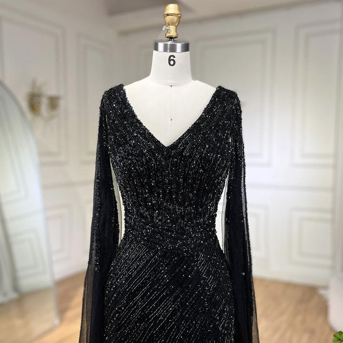 Luxury Black High Split Beaded Feathers Evening Dress with Cape Sleeves LA72216