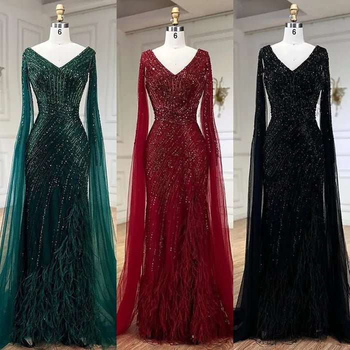 Luxury Black High Split Beaded Feathers Evening Dress with Cape Sleeves LA72216 - SERENE HILL