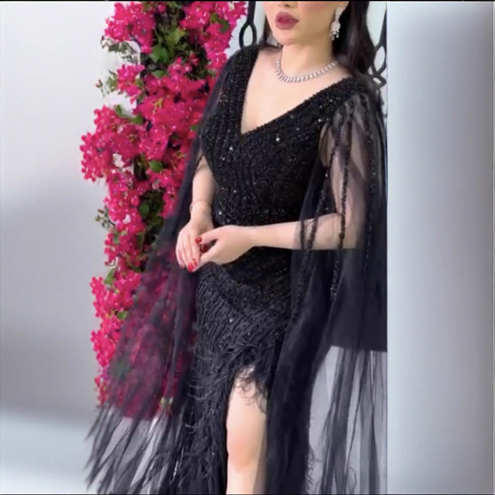 Luxury Black High Split Beaded Feathers Evening Dress with Cape Sleeves LA72216