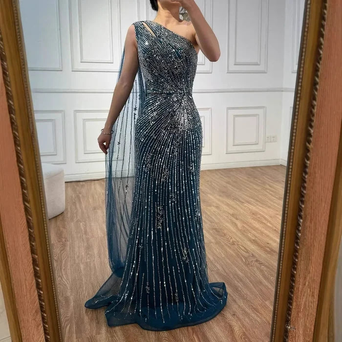 Luxury Black One Shoulder Mermaid Evening Dress with High Slit LA72829 - SERENE HILL
