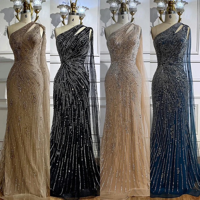 Luxury Black One Shoulder Mermaid Evening Dress with High Slit LA72829 - SERENE HILL
