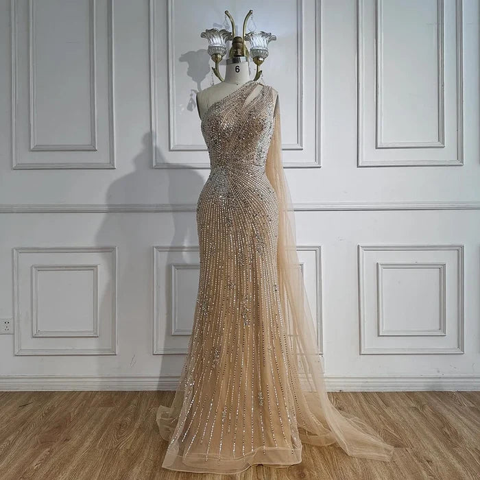 Luxury Black One Shoulder Mermaid Evening Dress with High Slit LA72829 - SERENE HILL