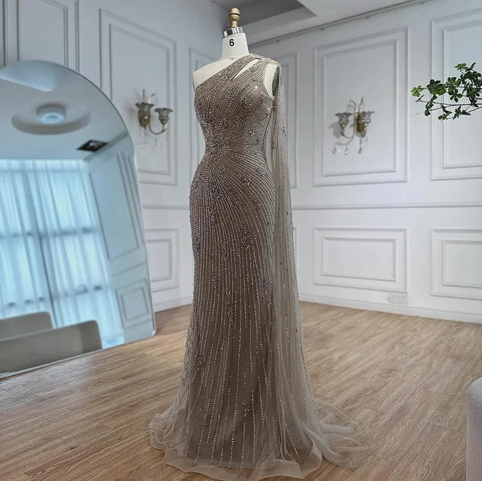 Luxury Black One Shoulder Mermaid Evening Dress with High Slit LA72829 - SERENE HILL