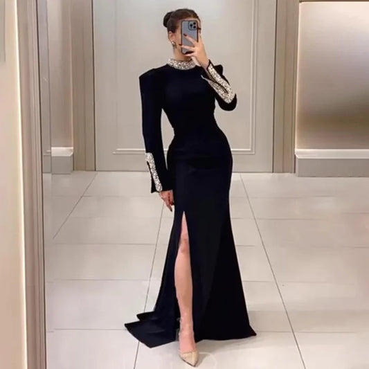 Luxury Black Satin Long Sleeves Mermaid Evening Dress LA72476 - SERENE HILL