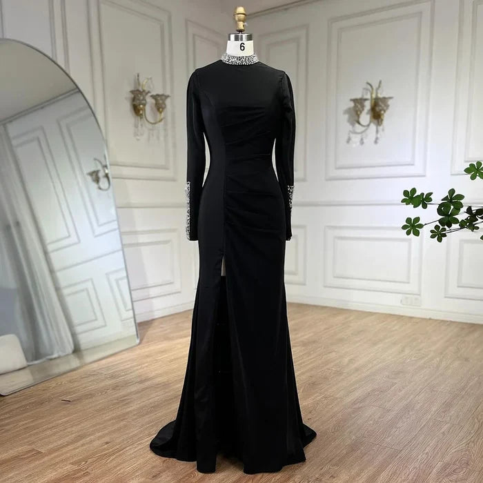 Luxury Black Satin Long Sleeves Mermaid Evening Dress LA72476 - SERENE HILL