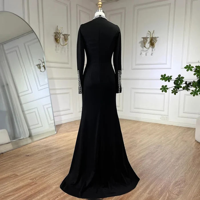 Luxury Black Satin Long Sleeves Mermaid Evening Dress LA72476 - SERENE HILL