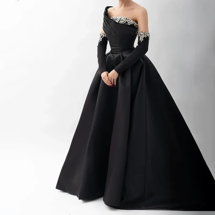 Luxury Black Satin One Shoulder Beaded A-Line Evening Dress LA72741 - SERENE HILL
