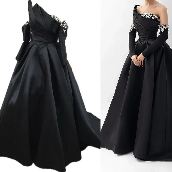 Luxury Black Satin One Shoulder Beaded A-Line Evening Dress LA72741 - SERENE HILL