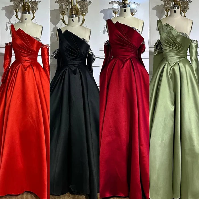 Luxury Black Satin One Shoulder Beaded A-Line Evening Dress LA72741 - SERENE HILL