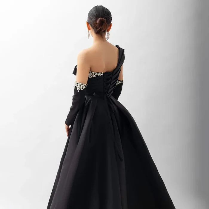 Luxury Black Satin One Shoulder Beaded A-Line Evening Dress LA72741 - SERENE HILL