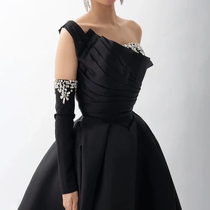 Luxury Black Satin One Shoulder Beaded A-Line Evening Dress LA72741 - SERENE HILL