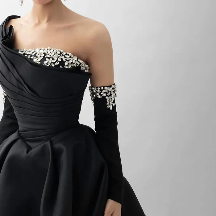 Luxury Black Satin One Shoulder Beaded A-Line Evening Dress LA72741 - SERENE HILL