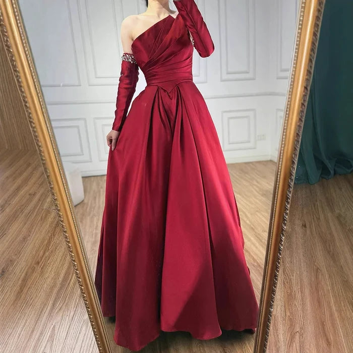 Luxury Black Satin One Shoulder Beaded A-Line Evening Dress LA72741 - SERENE HILL